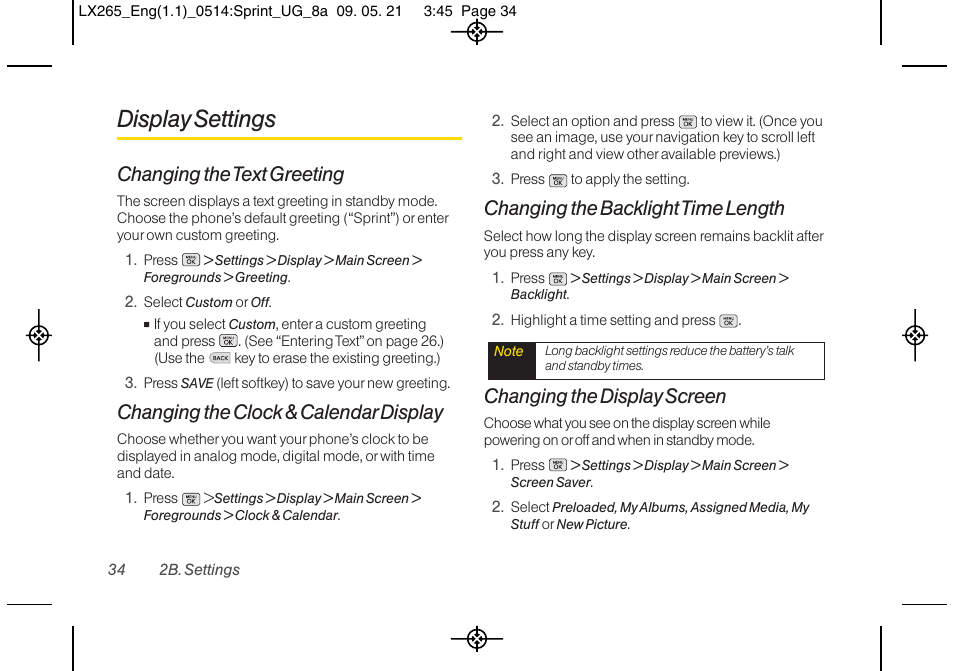 Display settings, Changing the text greeting, Changing the clock & calendar display | Changing the backlighttime length, Changing the display screen | LG LGLX265 User Manual | Page 46 / 160