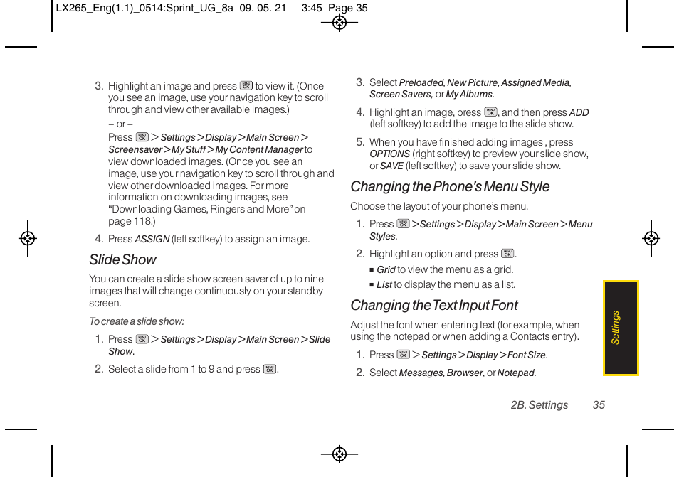 Slide show, Changing the phone’s menu style, Changing the text input font | LG LGLX265 User Manual | Page 47 / 160