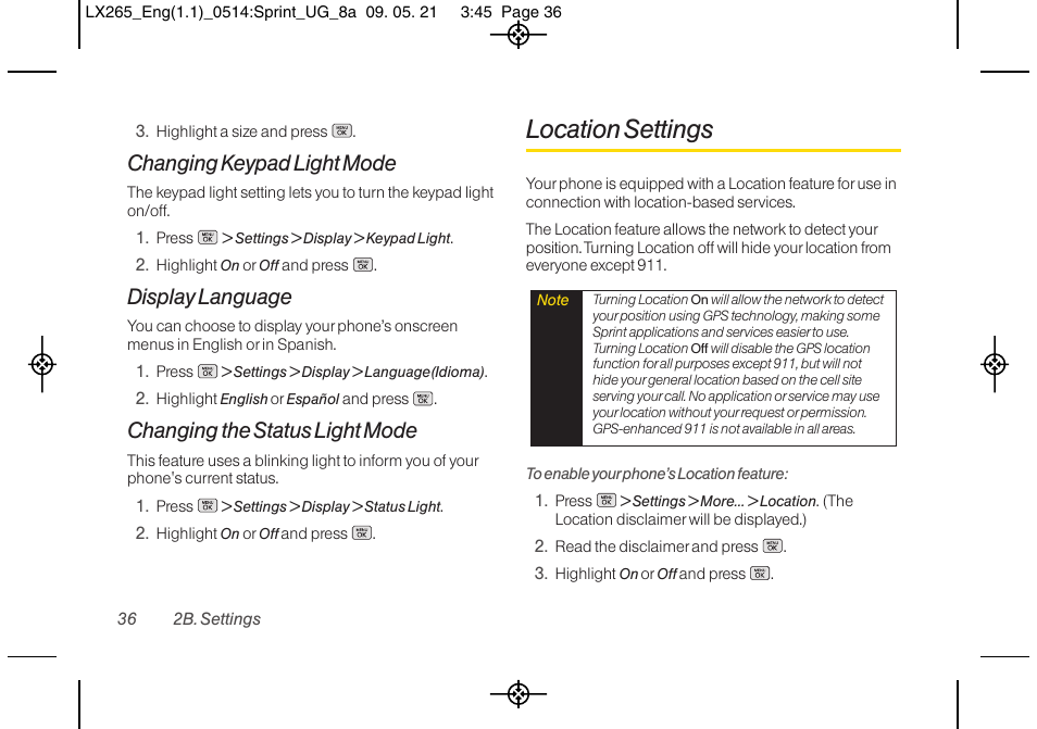 Location settings, Changing keypad light mode, Display language | Changing the status light mode | LG LGLX265 User Manual | Page 48 / 160