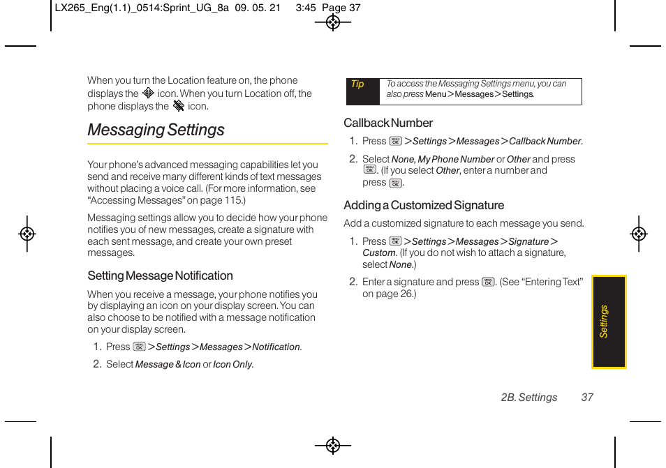 Messaging settings | LG LGLX265 User Manual | Page 49 / 160