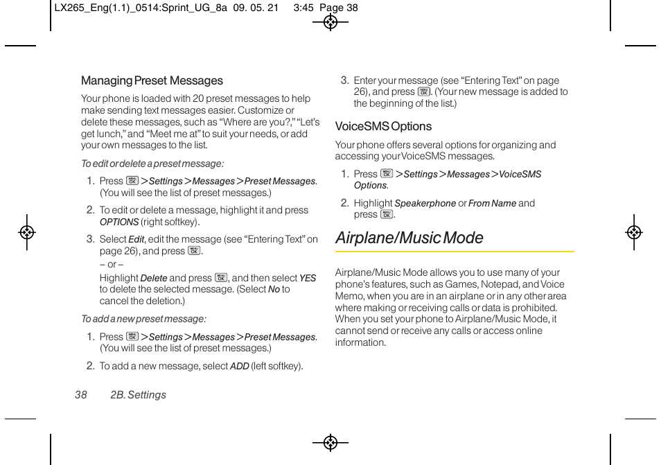 Airplane/music mode | LG LGLX265 User Manual | Page 50 / 160