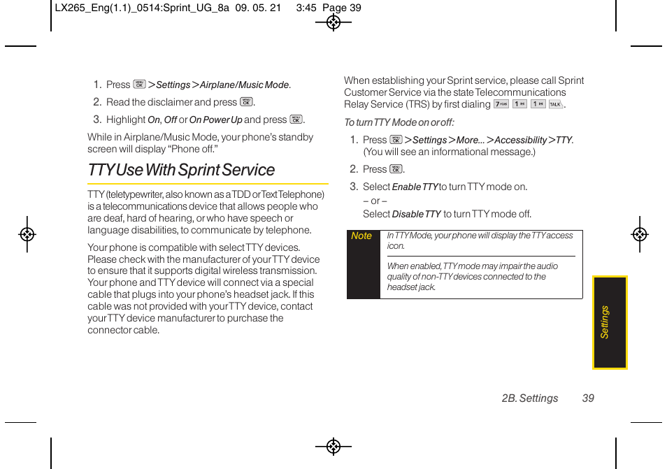 Tty usewith sprint service | LG LGLX265 User Manual | Page 51 / 160