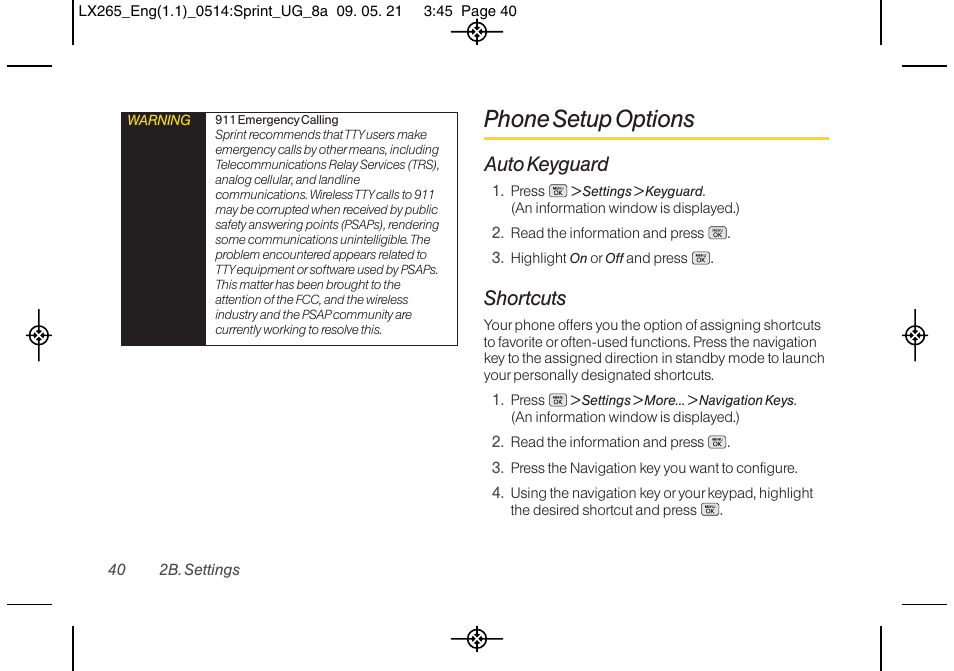 Phone setup options, Auto keyguard, Shortcuts | LG LGLX265 User Manual | Page 52 / 160