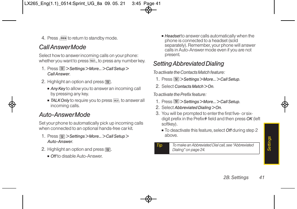 Call answer mode, Auto-answer mode, Setting abbreviated dialing | LG LGLX265 User Manual | Page 53 / 160