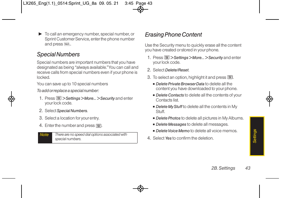 Special numbers, Erasing phone content | LG LGLX265 User Manual | Page 55 / 160