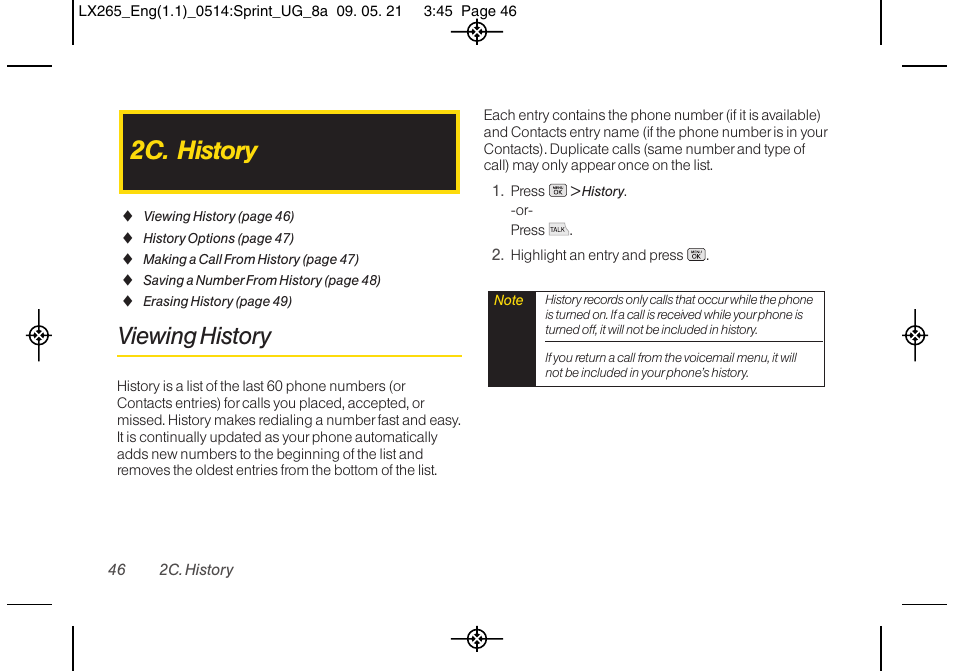 2c. history, Viewing history | LG LGLX265 User Manual | Page 58 / 160