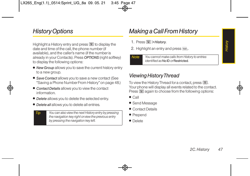 History options, Making a call from history, Viewing history thread | LG LGLX265 User Manual | Page 59 / 160