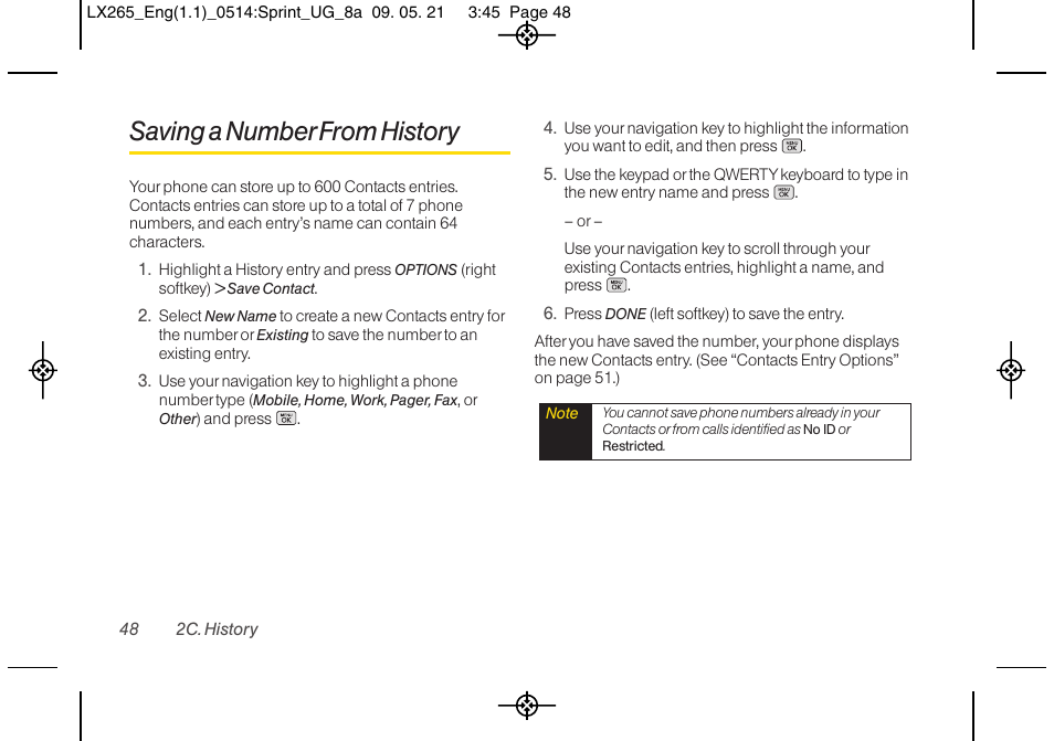 Saving a numberfrom history | LG LGLX265 User Manual | Page 60 / 160