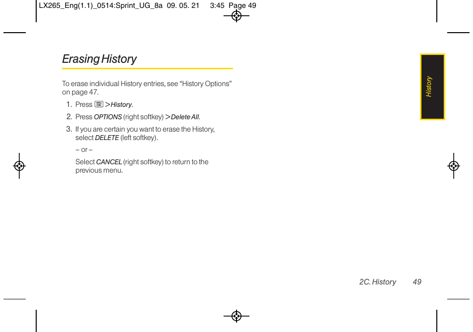 Erasing history | LG LGLX265 User Manual | Page 61 / 160