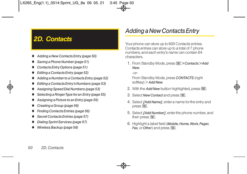 2d. contacts, Adding a new contacts entry | LG LGLX265 User Manual | Page 62 / 160