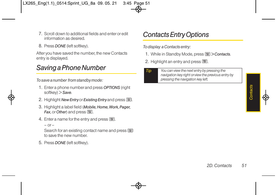 Saving a phone number, Contacts entry options | LG LGLX265 User Manual | Page 63 / 160