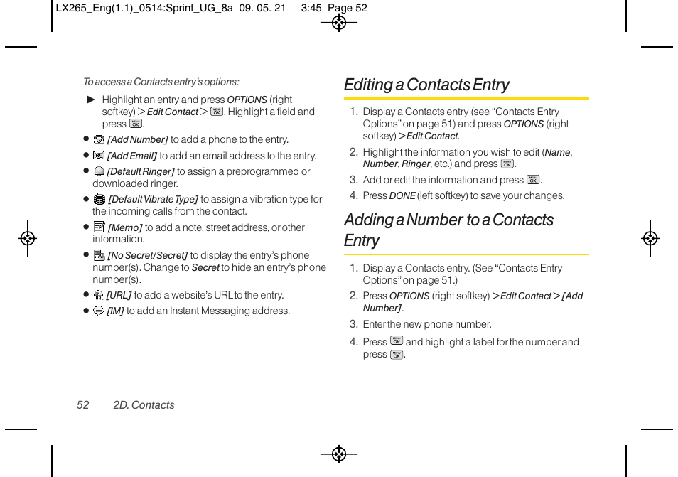 Editing a contacts entry, Adding a number to a contacts entry | LG LGLX265 User Manual | Page 64 / 160