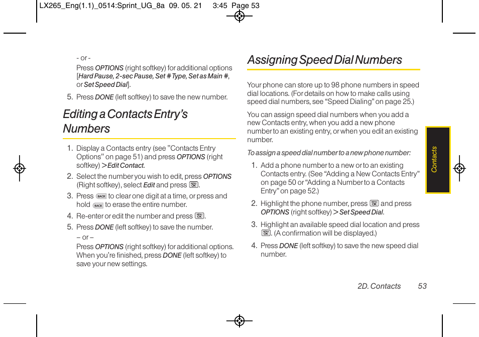 Editing a contacts entry’s numbers, Assigning speed dial numbers | LG LGLX265 User Manual | Page 65 / 160