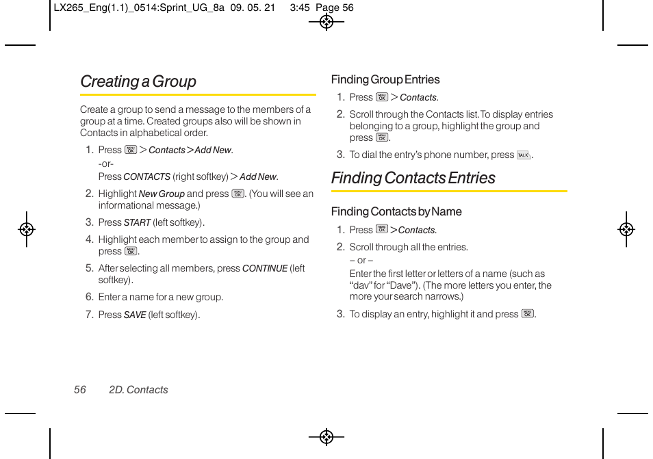 Creating a group, Finding contacts entries | LG LGLX265 User Manual | Page 68 / 160