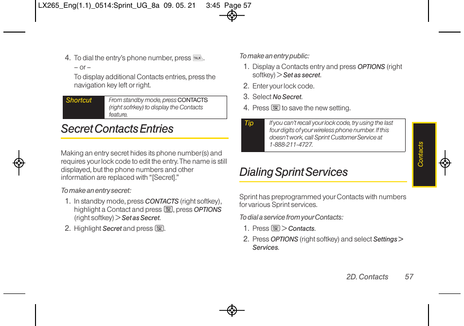 Secret contacts entries, Dialing sprint services | LG LGLX265 User Manual | Page 69 / 160