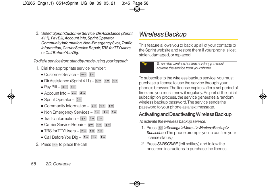 Wireless backup, Activating and deactivating wireless backup | LG LGLX265 User Manual | Page 70 / 160