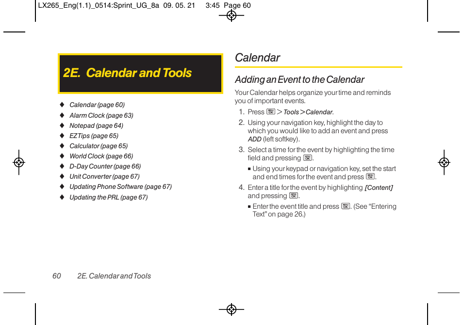 2e. calendar and tools, Calendar, Adding an event to the calendar | LG LGLX265 User Manual | Page 72 / 160