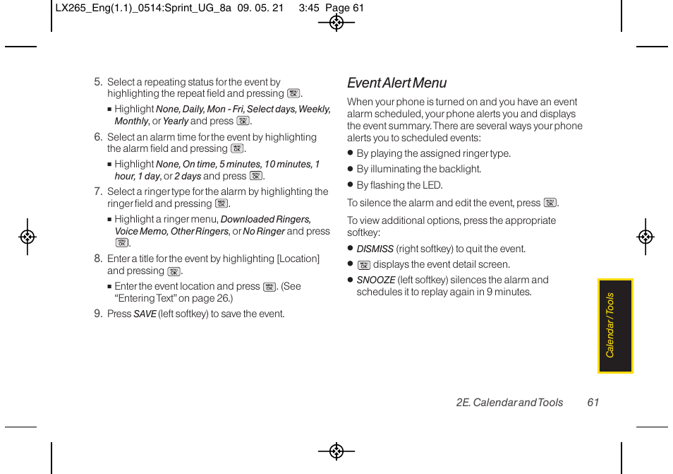 Event alert menu | LG LGLX265 User Manual | Page 73 / 160