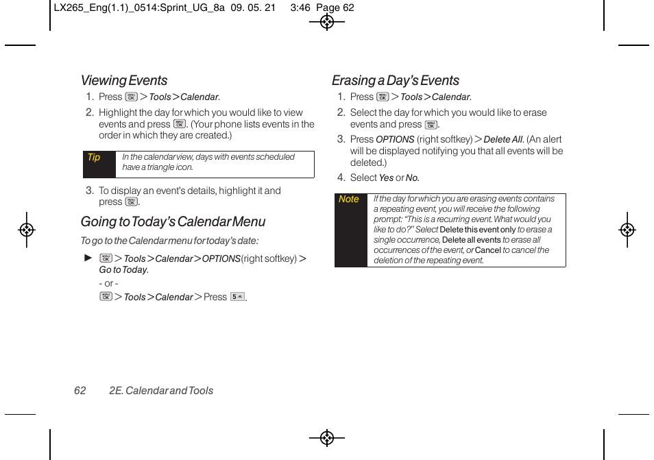 Viewing events, Going to today’s calendar menu, Erasing a day’s events | LG LGLX265 User Manual | Page 74 / 160