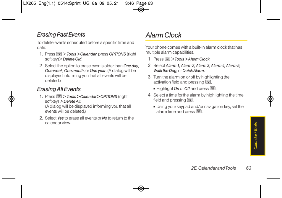 Alarm clock, Erasing past events, Erasing all events | LG LGLX265 User Manual | Page 75 / 160