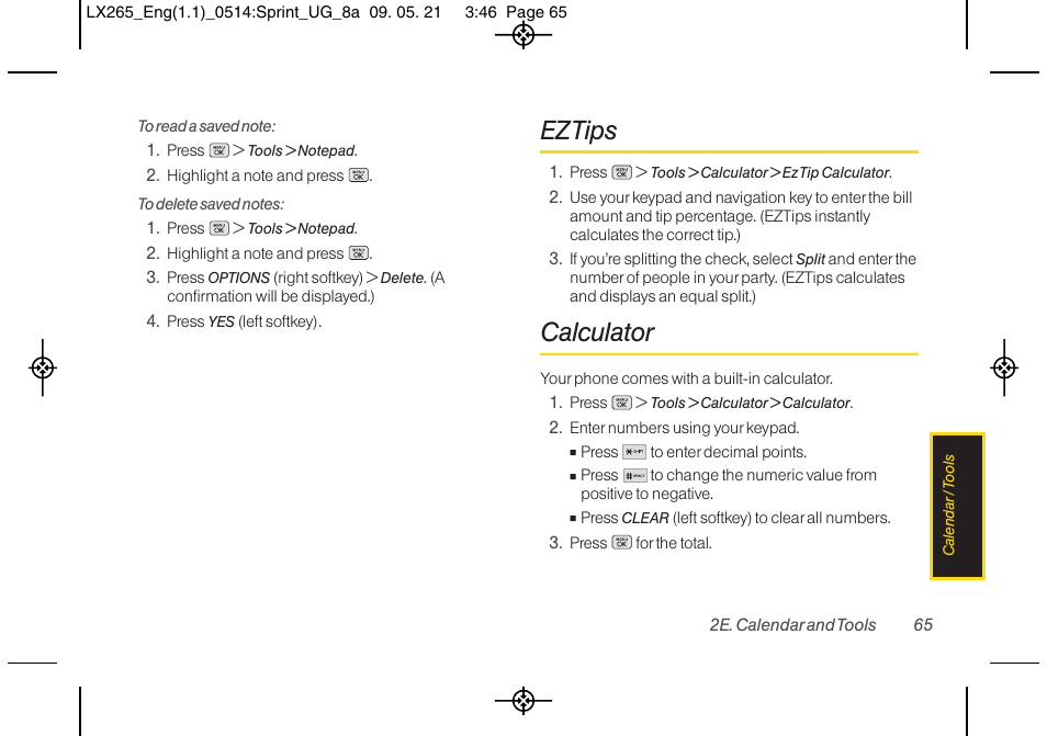 Ez tips, Calculator | LG LGLX265 User Manual | Page 77 / 160