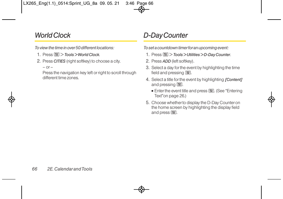 World clock, D-day counter | LG LGLX265 User Manual | Page 78 / 160