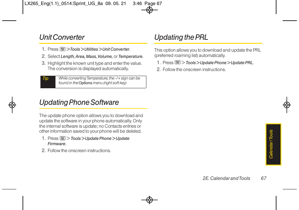 Unit converter, Updating phone software, Updating the prl | LG LGLX265 User Manual | Page 79 / 160