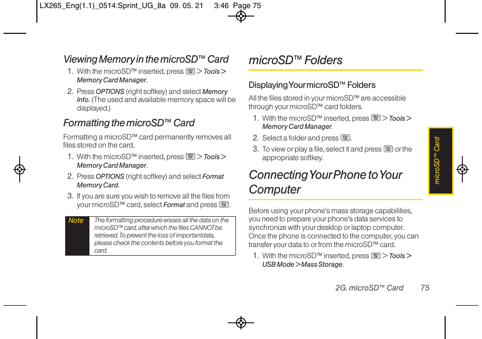 Microsd™ folders, Connecting your phone to your computer, Formatting the microsd™ card | LG LGLX265 User Manual | Page 87 / 160