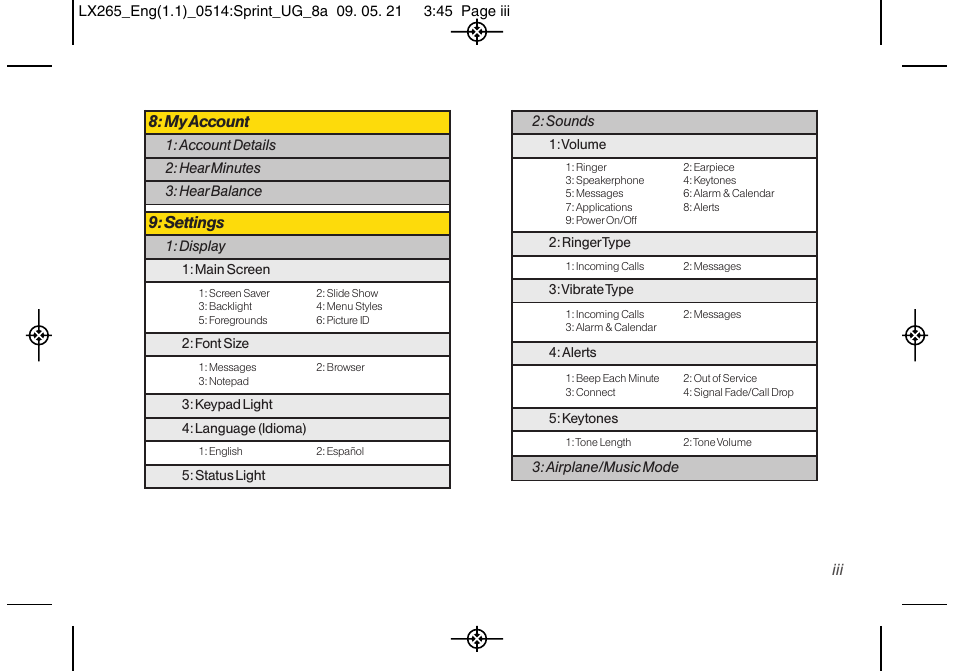 My account, Settings | LG LGLX265 User Manual | Page 9 / 160