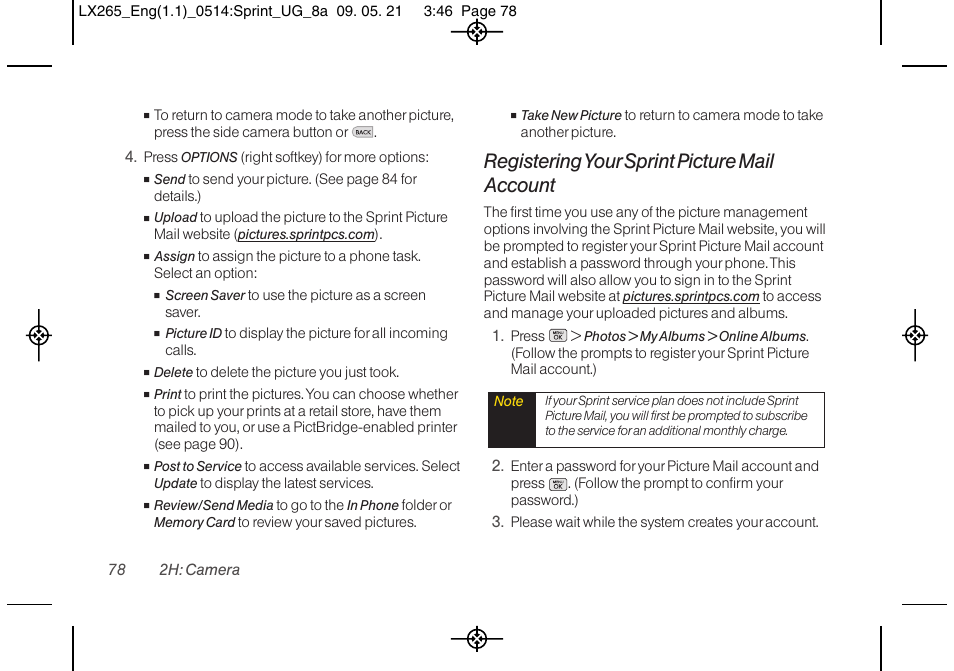 Registeringyour sprint picture mail account | LG LGLX265 User Manual | Page 90 / 160