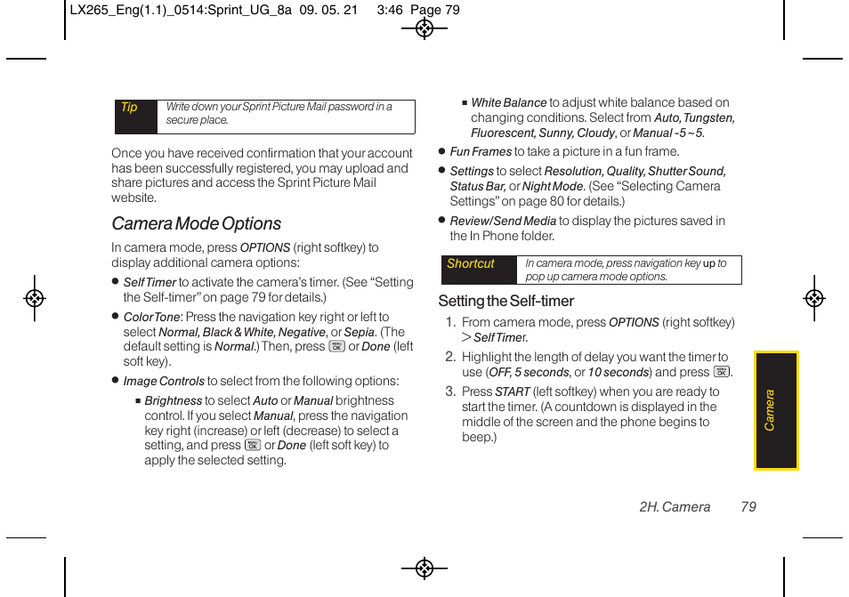 Camera mode options, Setting the self-timer | LG LGLX265 User Manual | Page 91 / 160