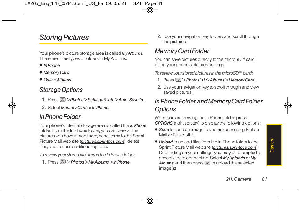 Storing pictures, Storage options | LG LGLX265 User Manual | Page 93 / 160