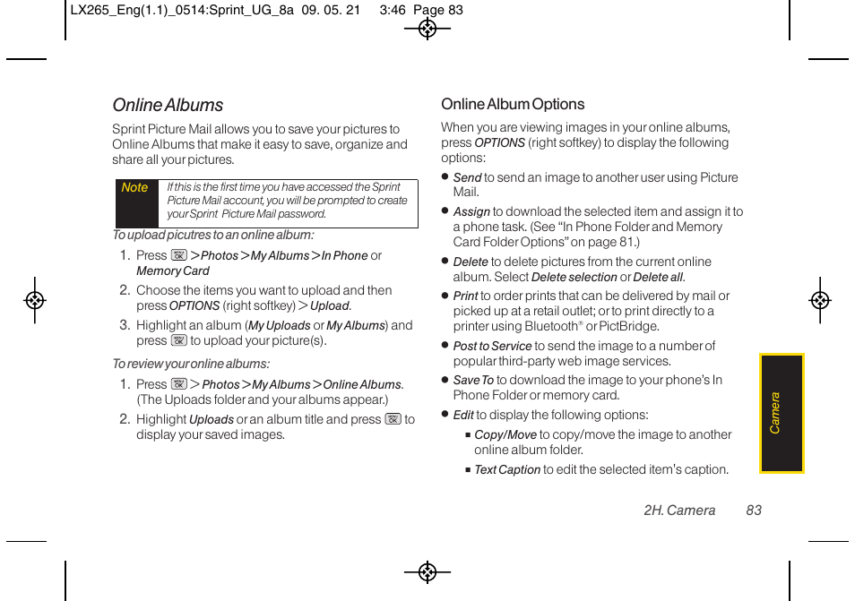 Online albums, Online album options | LG LGLX265 User Manual | Page 95 / 160