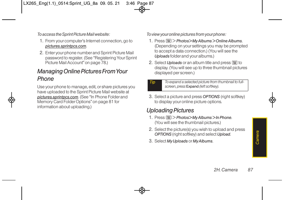 Managing online pictures from your phone, Uploading pictures | LG LGLX265 User Manual | Page 99 / 160