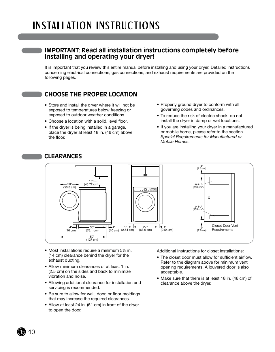 Choose the proper location, Clearances | LG DLGX0002TM User Manual | Page 10 / 92