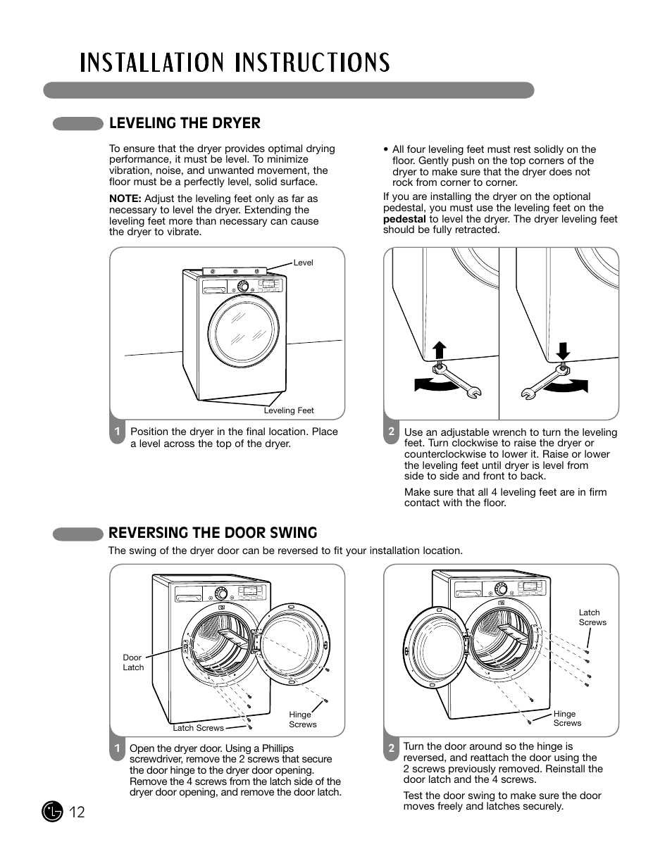 Leveling the dryer, Reversing the door swing | LG DLGX0002TM User Manual | Page 12 / 92