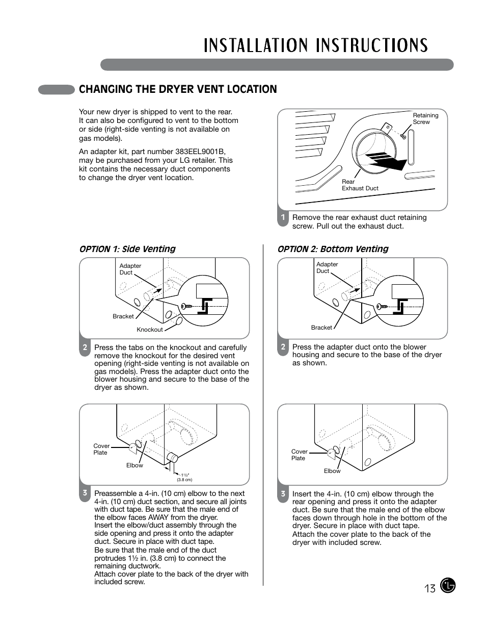 Changing the dryer vent location | LG DLGX0002TM User Manual | Page 13 / 92