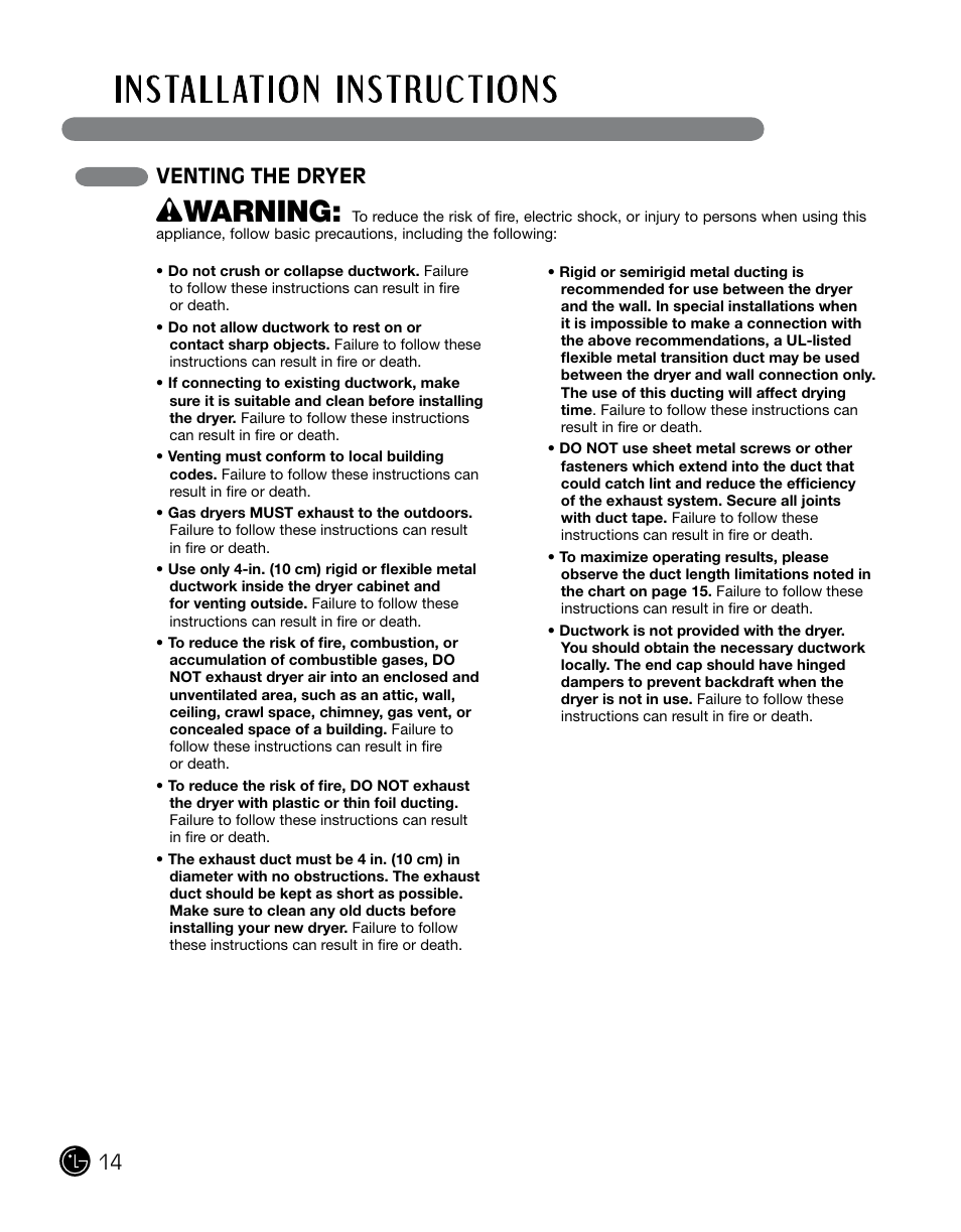 Wwarning, Venting the dryer | LG DLGX0002TM User Manual | Page 14 / 92