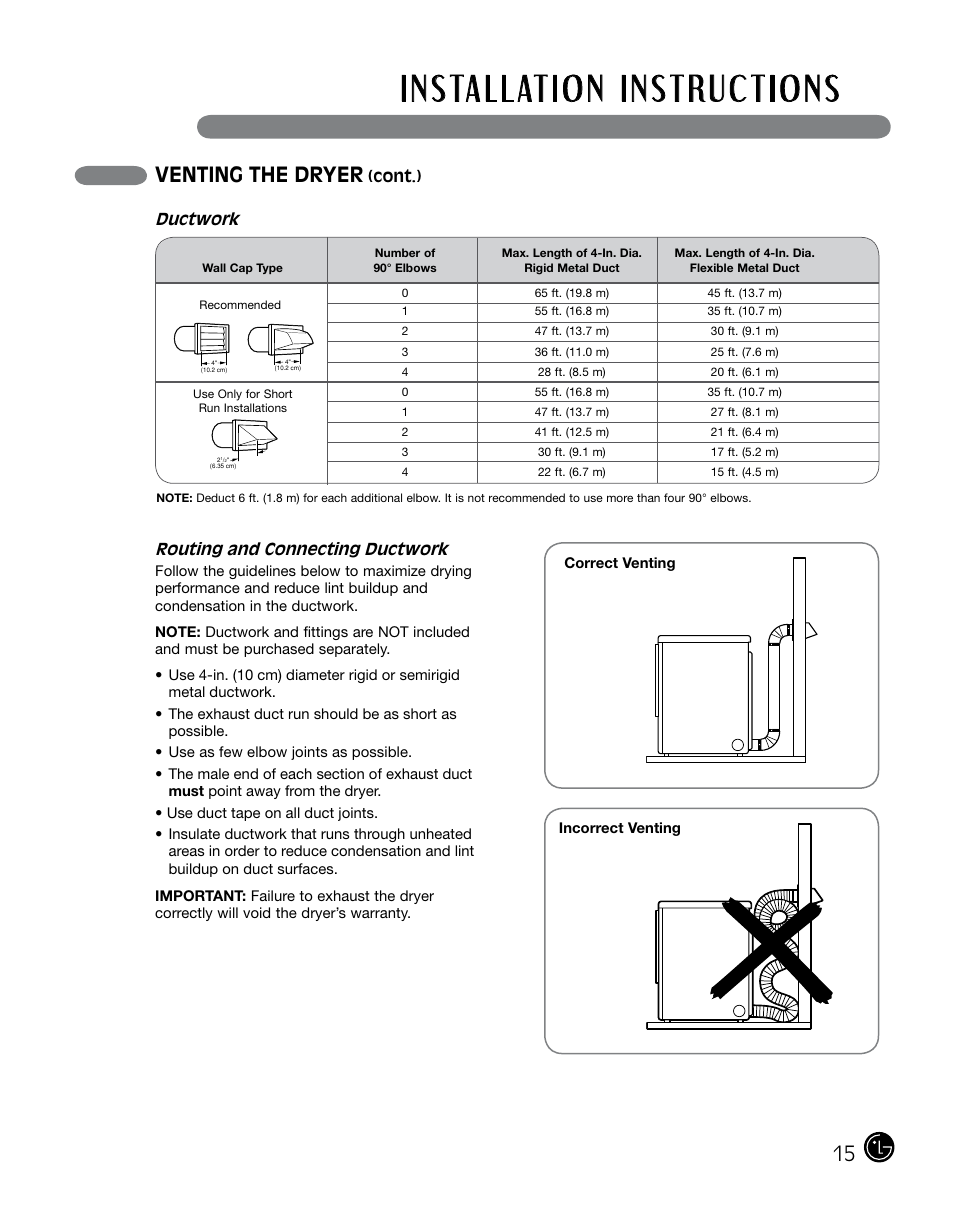 Venting the dryer, Routing and connecting ductwork, Cont.) | Ductwork | LG DLGX0002TM User Manual | Page 15 / 92