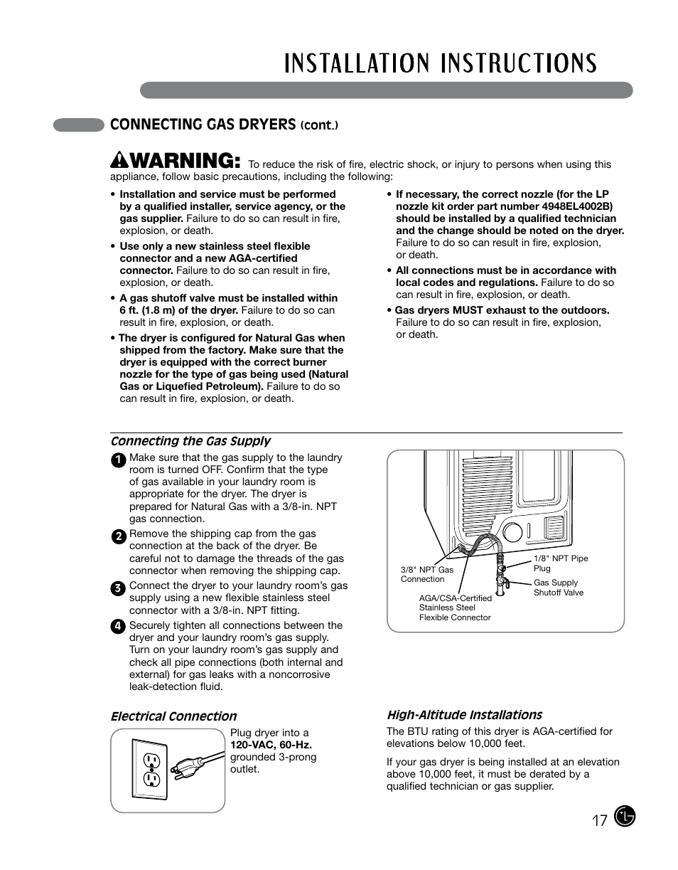 Wwarning, Connecting gas dryers | LG DLGX0002TM User Manual | Page 17 / 92