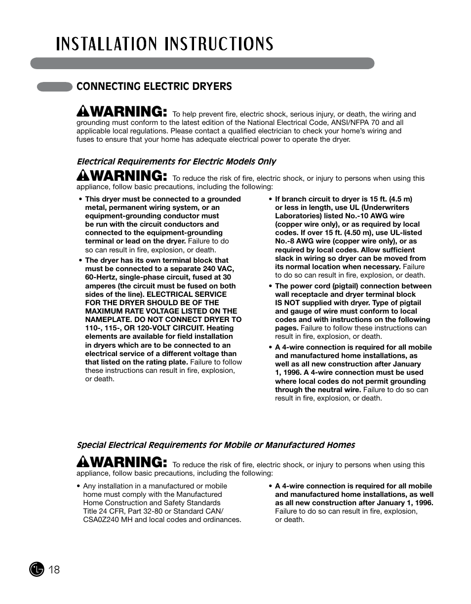 Wwarning, Connecting electric dryers | LG DLGX0002TM User Manual | Page 18 / 92