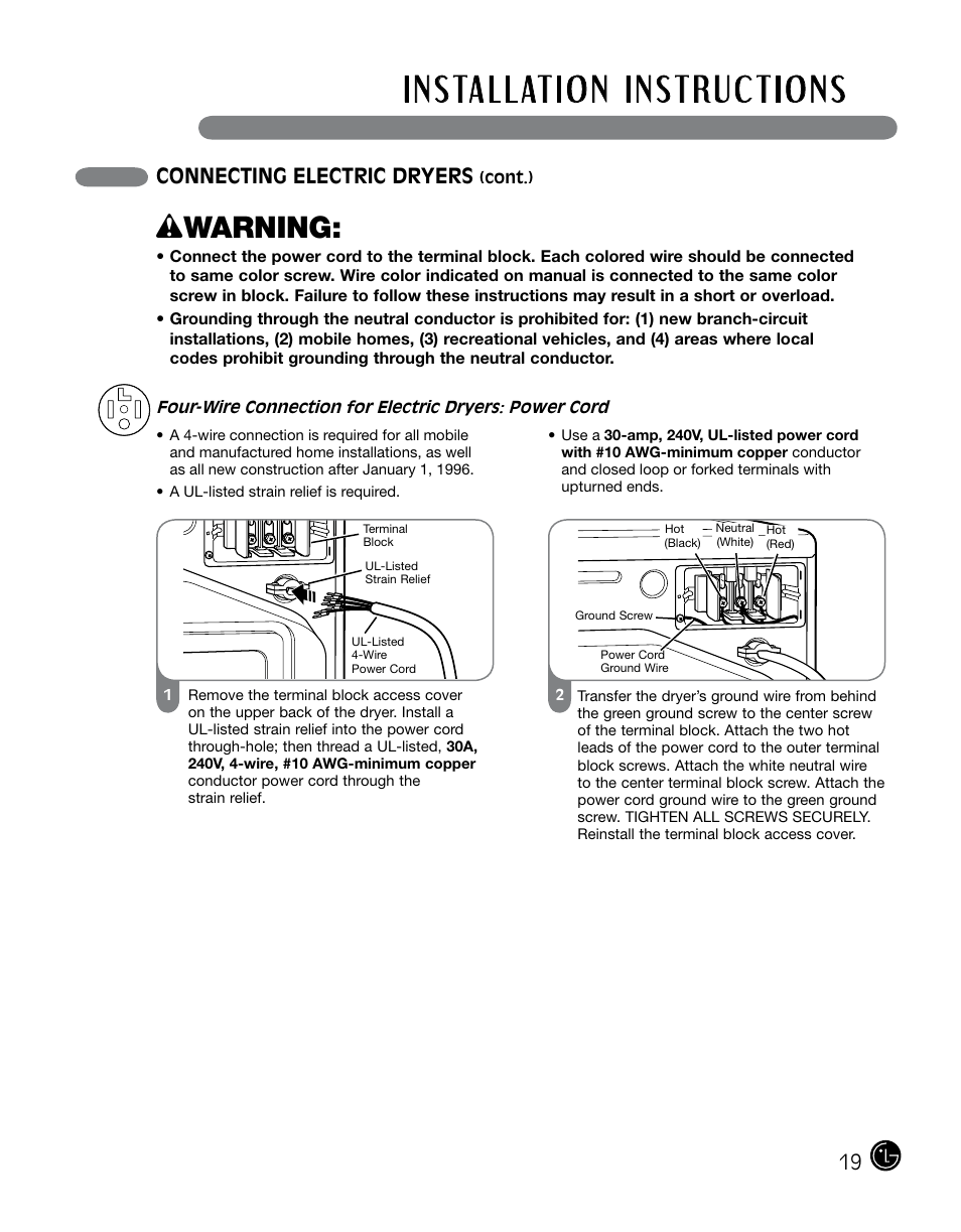 Wwarning, Connecting electric dryers | LG DLGX0002TM User Manual | Page 19 / 92
