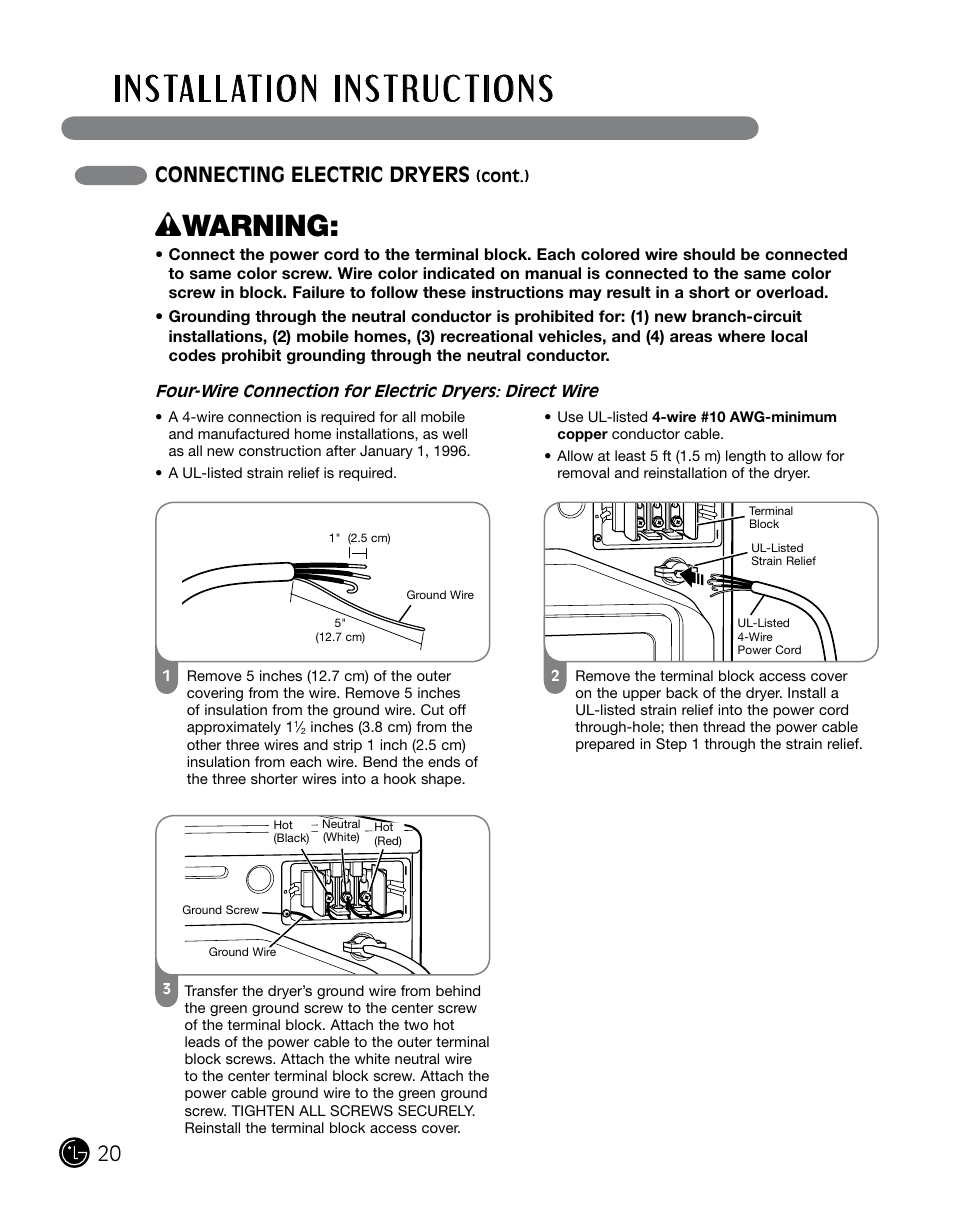 Wwarning, Connecting electric dryers | LG DLGX0002TM User Manual | Page 20 / 92