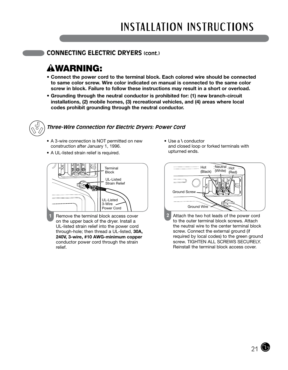 Wwarning, Connecting electric dryers | LG DLGX0002TM User Manual | Page 21 / 92