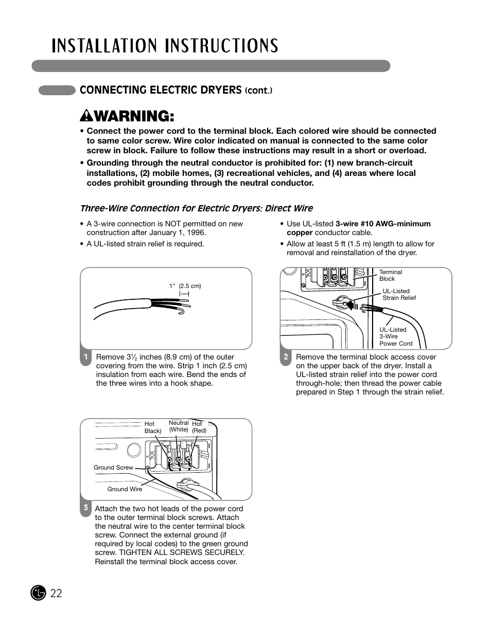 Wwarning, Connecting electric dryers | LG DLGX0002TM User Manual | Page 22 / 92
