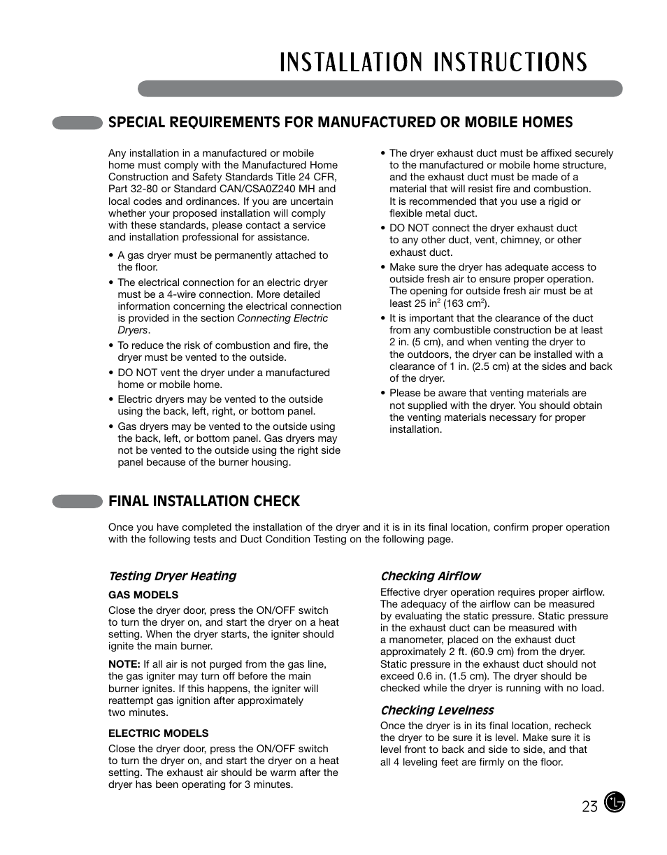 Final installation check | LG DLGX0002TM User Manual | Page 23 / 92