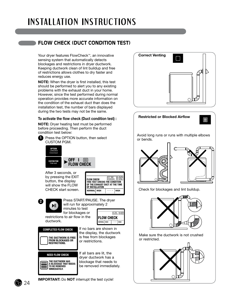 Flow check (duct condition test), Off i flow check, Flow check | LG DLGX0002TM User Manual | Page 24 / 92