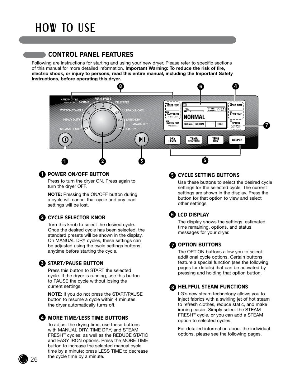 H o w to u s e, Control panel features | LG DLGX0002TM User Manual | Page 26 / 92