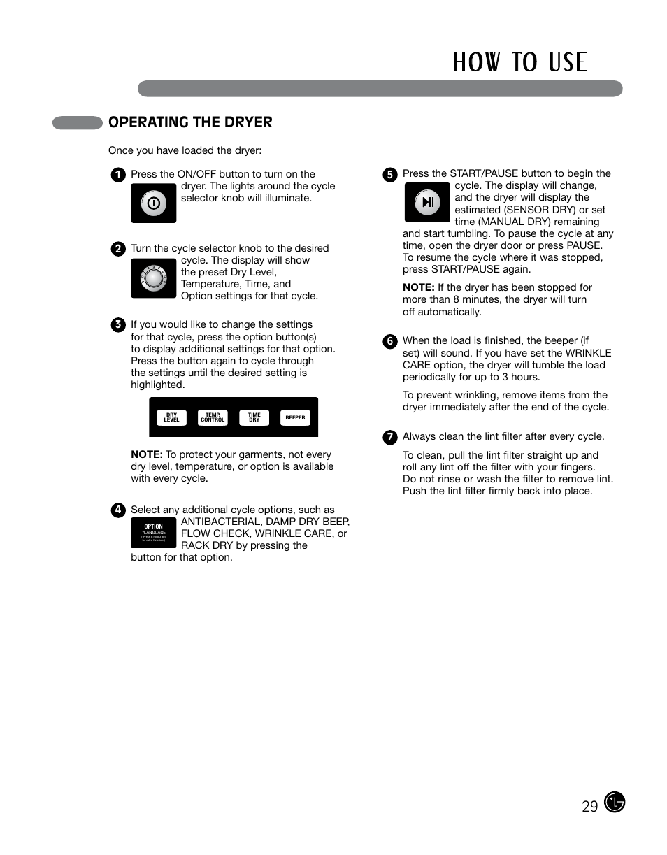 H o w to u s e, Operating the dryer | LG DLGX0002TM User Manual | Page 29 / 92