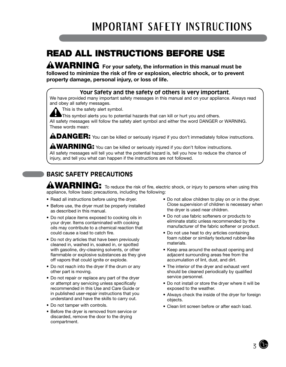 Read all instructions before use w warning, Wdanger, Wwarning | Basic safety precautions | LG DLGX0002TM User Manual | Page 3 / 92